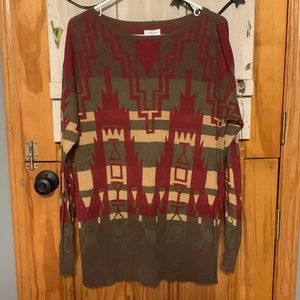 Tasha Polizzi Olive, Burgundy & Tan Tribal Crewneck Sweater